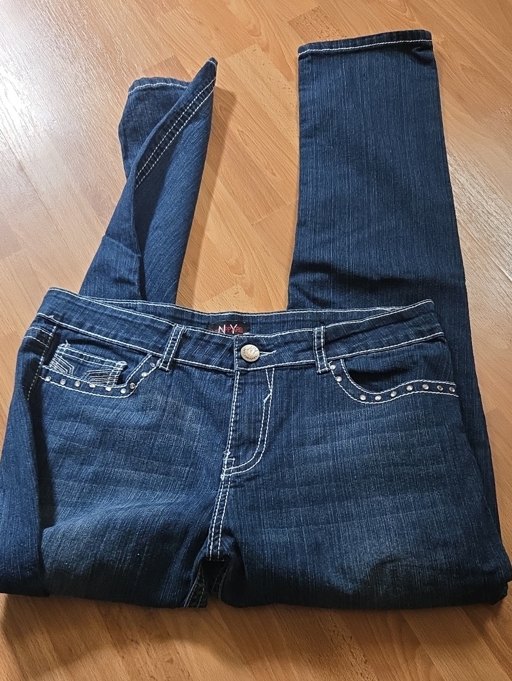 New York & Company Dark Blue Skinny Jeans with Stud Accents